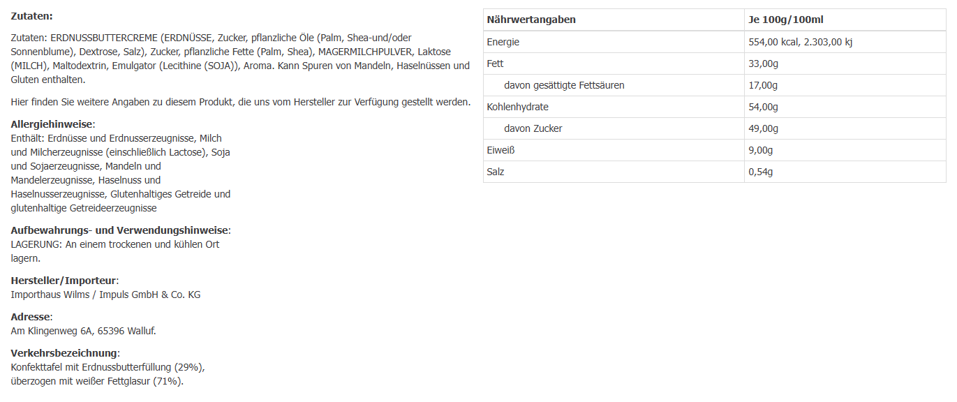 Reese's Peanut Butter Bar White Nährwerttabelle