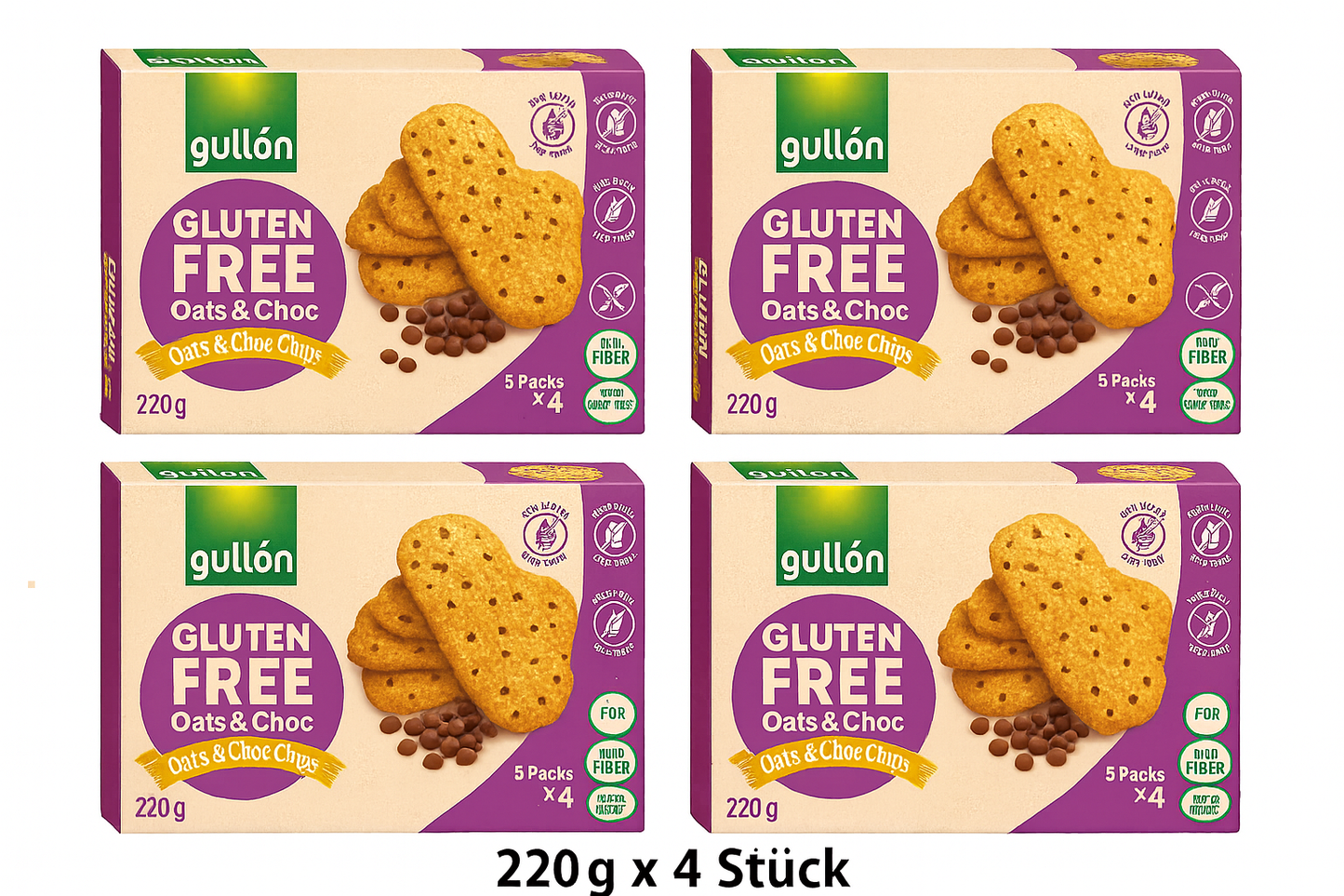 Gullon Glutenfrei Oats & Choc Chips 220g x 4 MHD: 12.06.2026