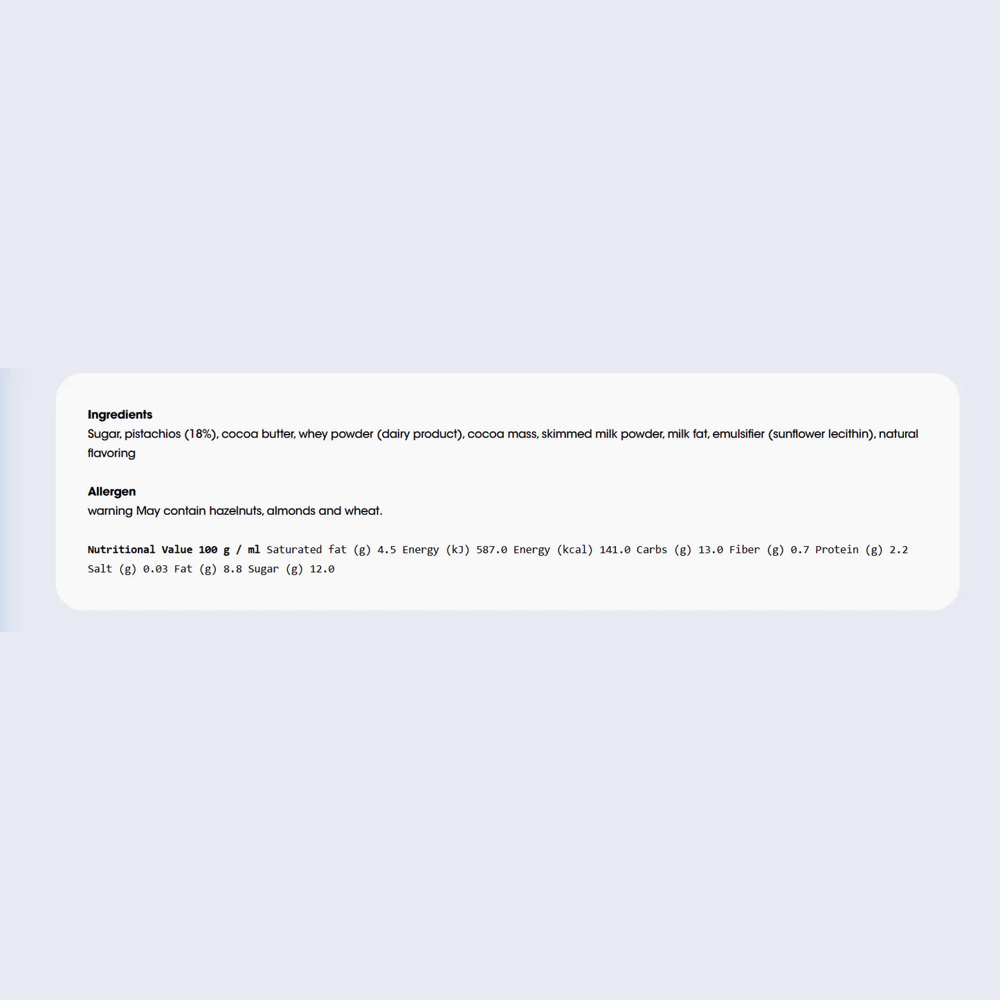 Nestle Damak Schokolade & Pistazien Nährwerttabelle