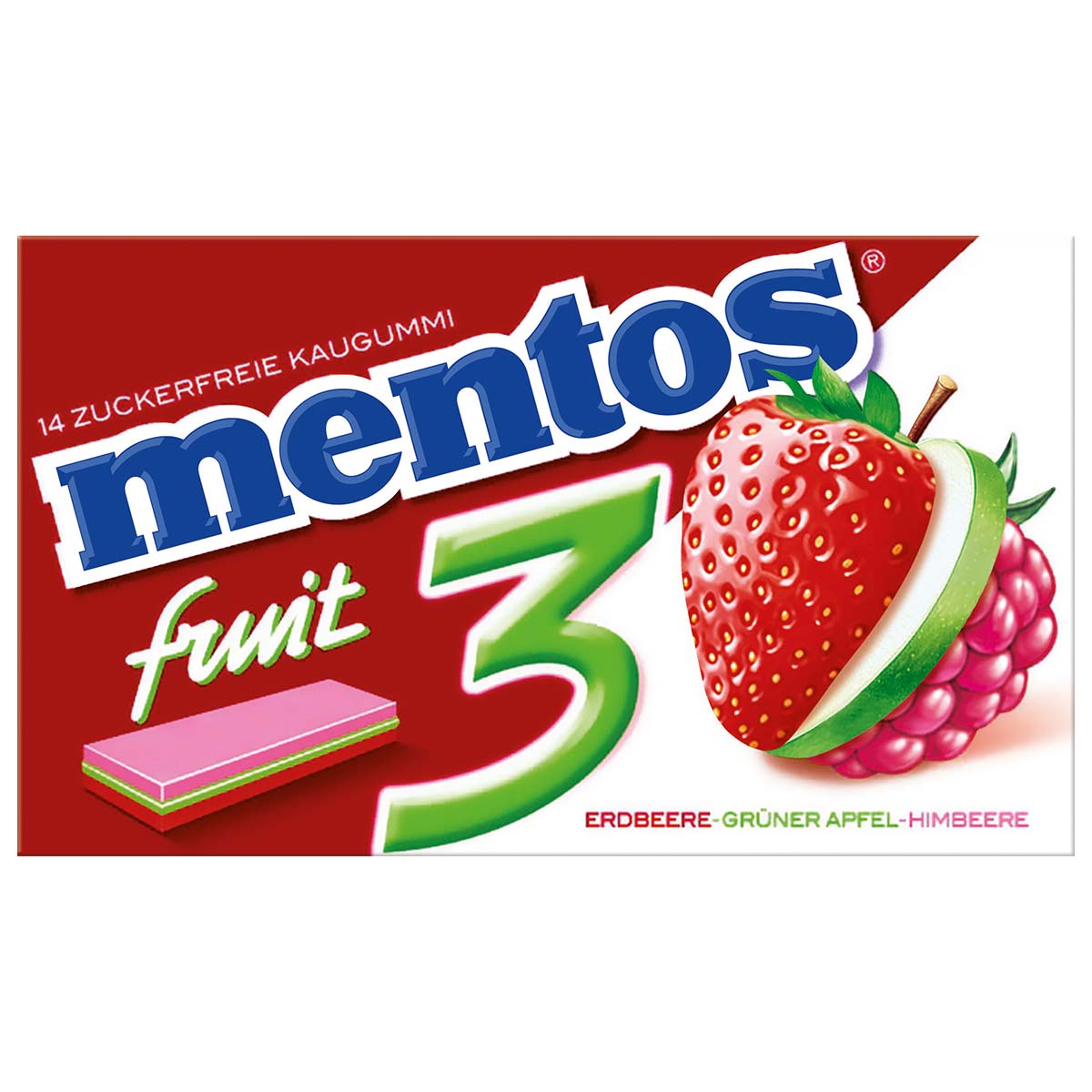 Mentos Kaugummi "fruit 3" Erdbeere-Apfel-Himbeere 33g