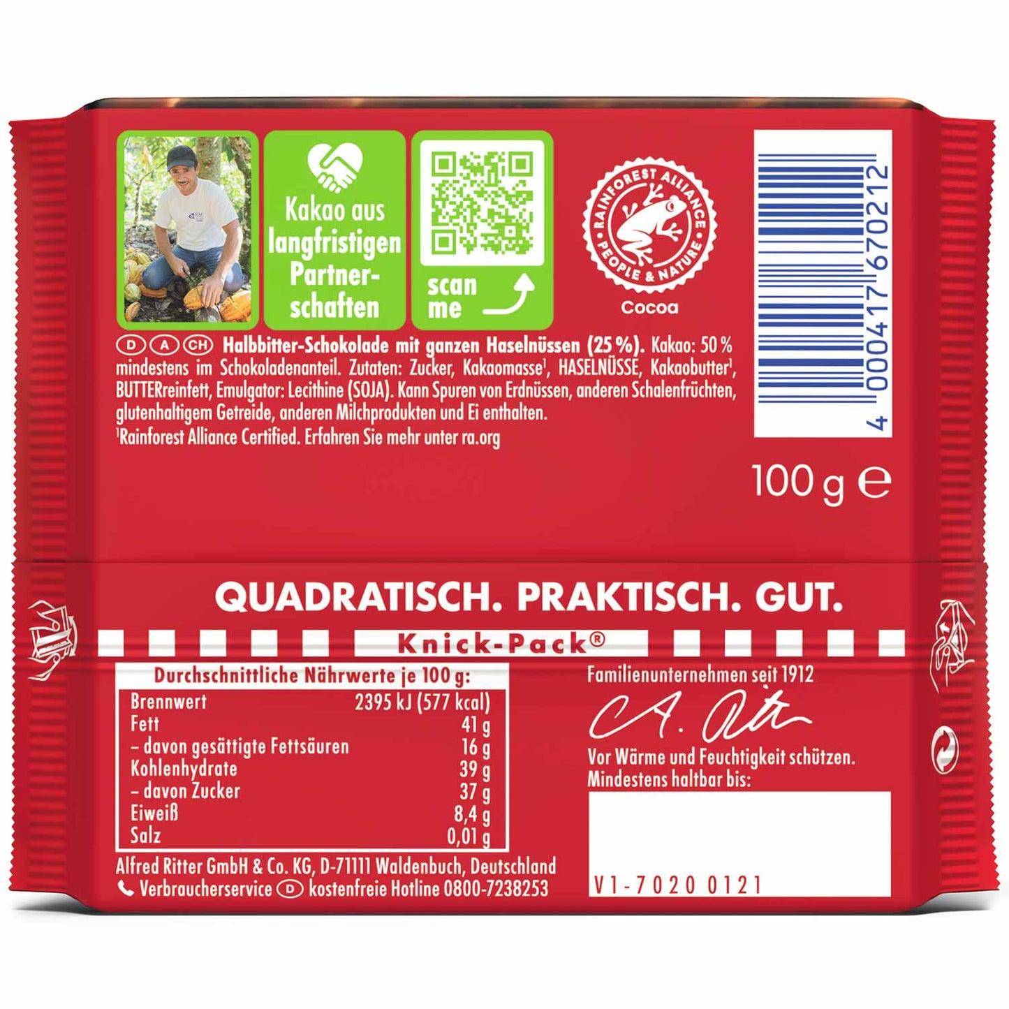 Ritter Sport Nussklasse Dunkle Vollnuss 100g Packungsrckseite
