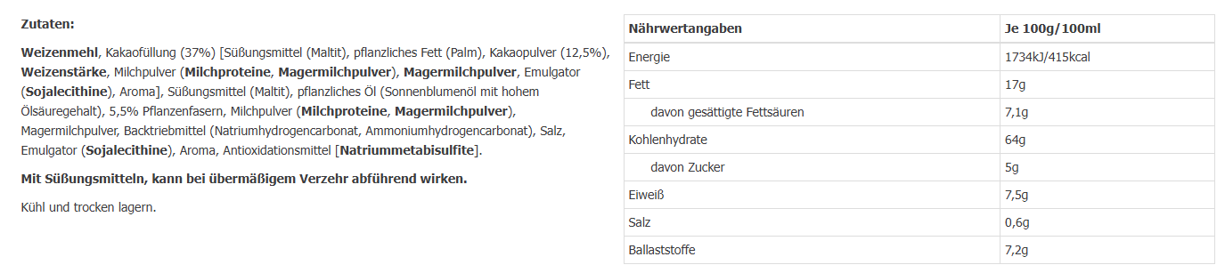 Gullon No Sugar Added Chocolate Cream Sandwich Cookies Nährwerttabelle