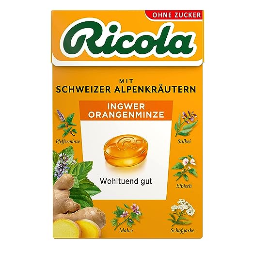 Ricola Ingwer & Orangenminze, zuckerfrei, 10 x 50 g MHD: 30.11.25