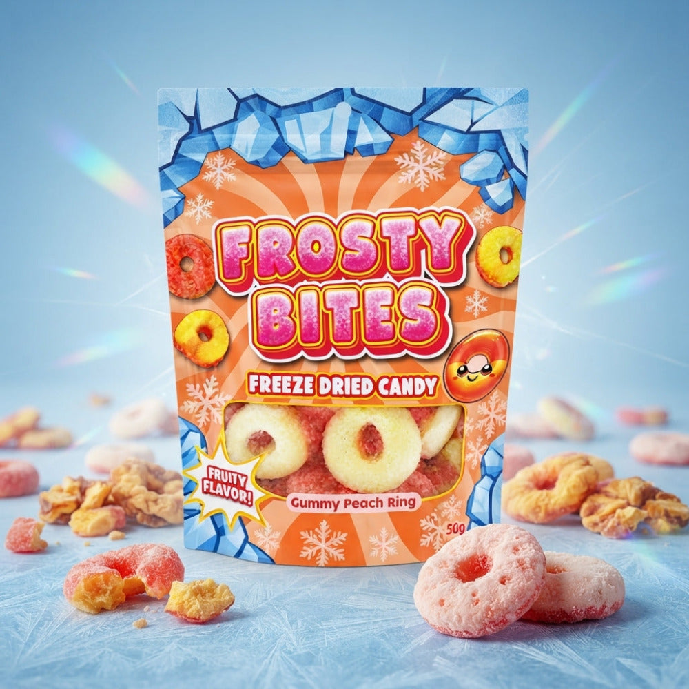 Frosty Bites Freeze Dried Candy Gummy Peach Ring Fruchtgummi 50g