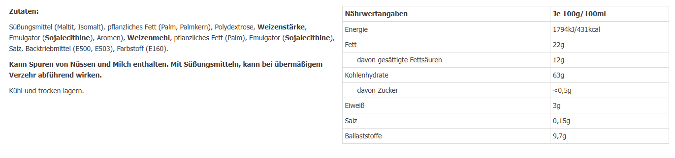 Gullon Sugar Free Vanilla Wafer Nährwerttabelle