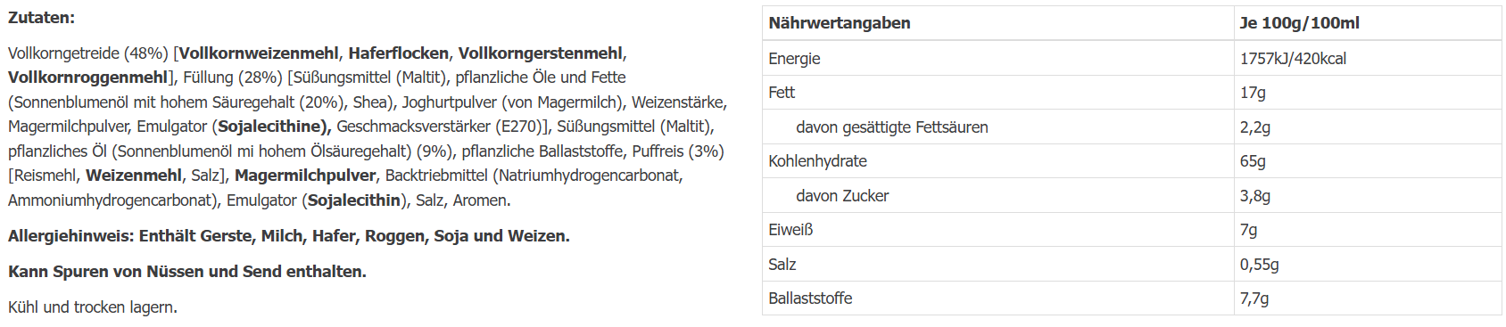 Gullon Diet Nature Zuckerfrei Sandwich Nährwerttabelle