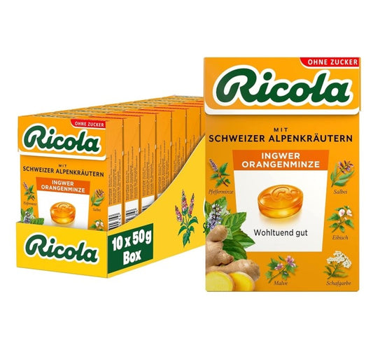 Ricola Ingwer & Orangenminze, zuckerfrei, 10 x 50 g MHD: 30.11.25