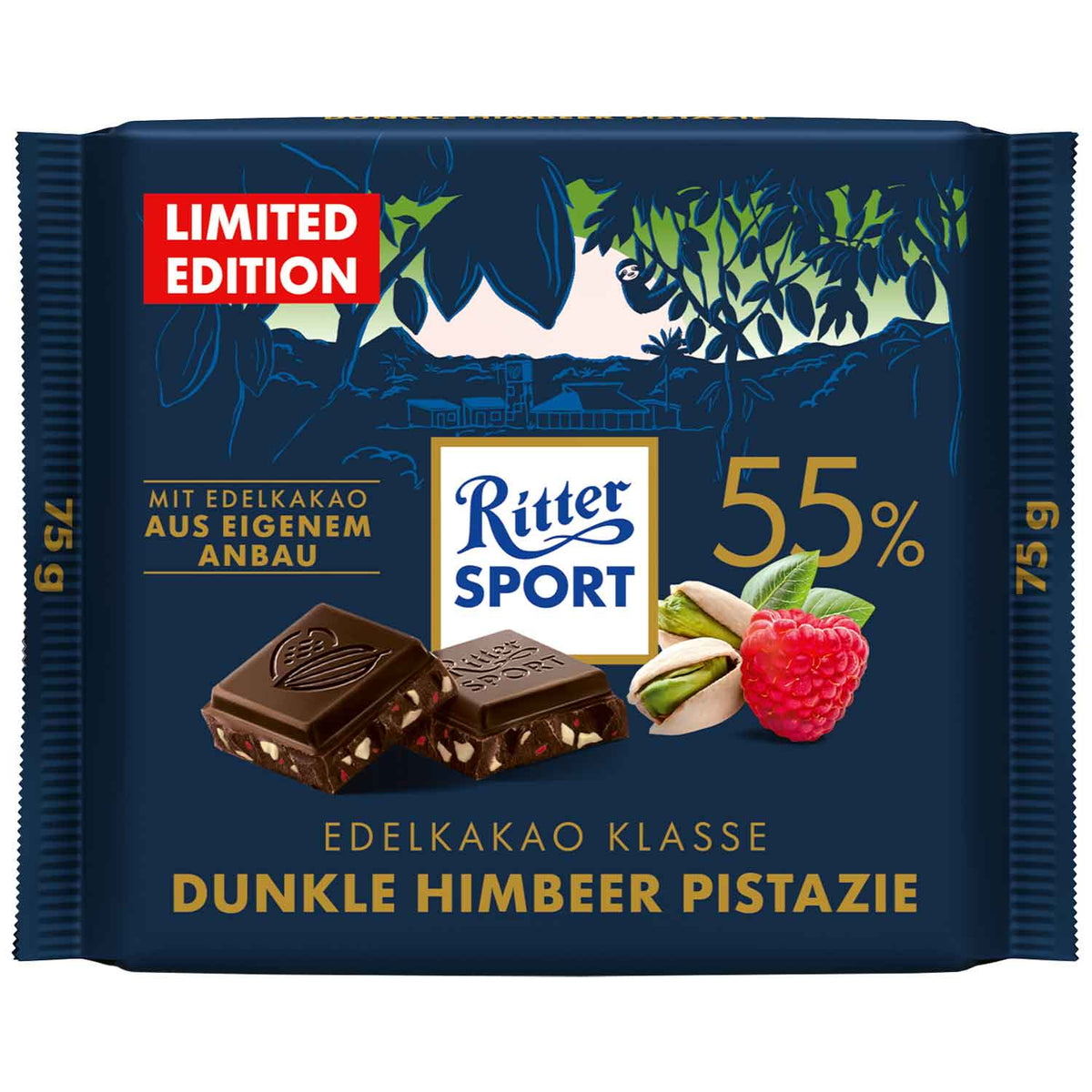 Ritter Sport cacao fino clase 55% pistacho frambuesa oscura 75g