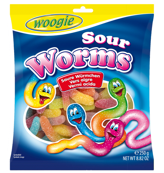 Woogie Sour Worms 250g MHD: 10.09.24