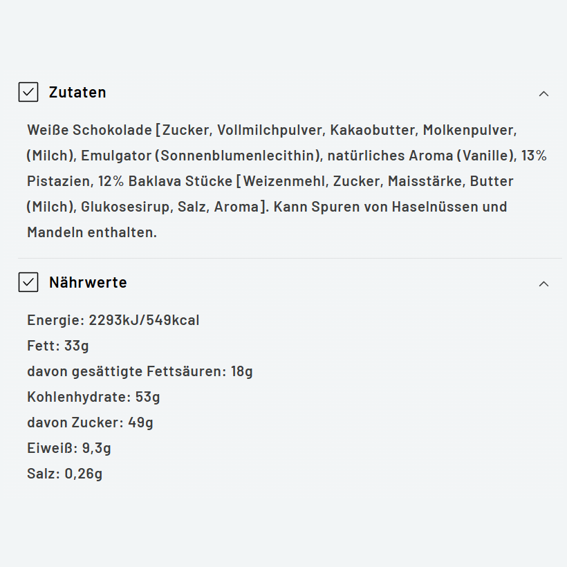 Nestle Damak Baklava Nährwerttabelle