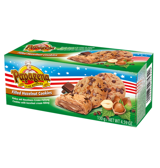 Papagena Choco Chip Cookies mit Haselnusscremefüllung 130g MHD: 26.03.2026