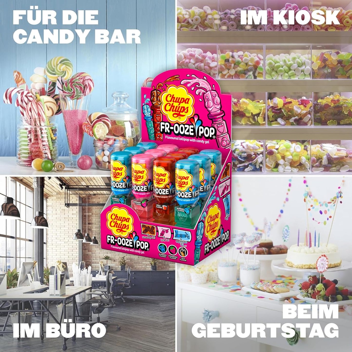Chupa Chups Frooze Pops, Thekendisplay enthält 12 Lollis mit Candy-Gel zum Rausdrücken in den 3 Sorten Blaubeere, Erdbeere und Cola