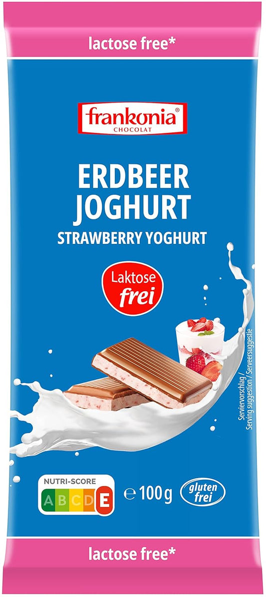 Frankonia Erdbeer Joghurt gefüllte Vollmilchschokolade laktosefrei 100g MHD: 08.08.2025