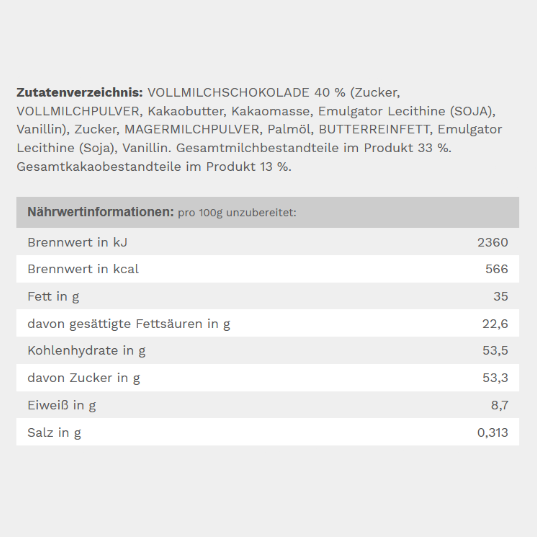 Zutauten + Nährwerte Kinder Schokolade