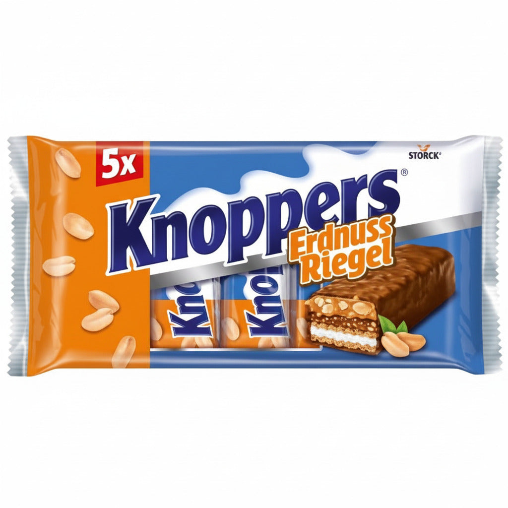 Knoppers ErdnussRiegel – 1 x 200 g (5 Riegel) – Schokoriegel mit Milch- und Erdnusscreme, gehackten salzigen Erdnüssen, Karamell und Vollmilchschokolade 