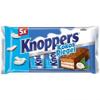 Knoppers KokosRiegel – 1 x 200 g (5 Riegel) – Schokoriegel mit Milch- und Kokoscreme, Haselnüssen, Kokosraspeln, Karamell und Vollmilchschokolade 