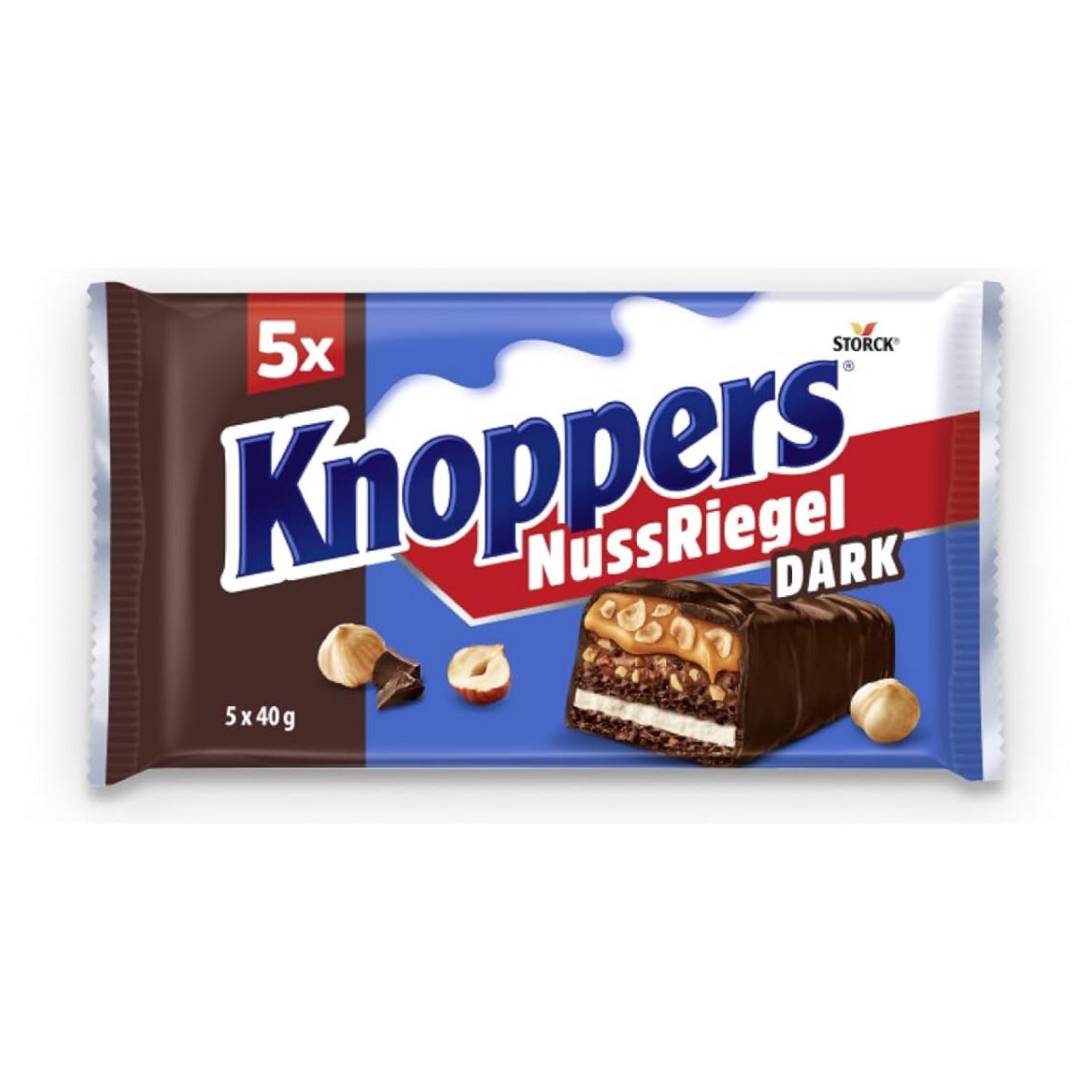 Knoppers NussRiegel Dark – 5x40g – Schokoriegel mit Milch- und Nugatcreme, Haselnüssen, Karamell und Vollmilchschokolade