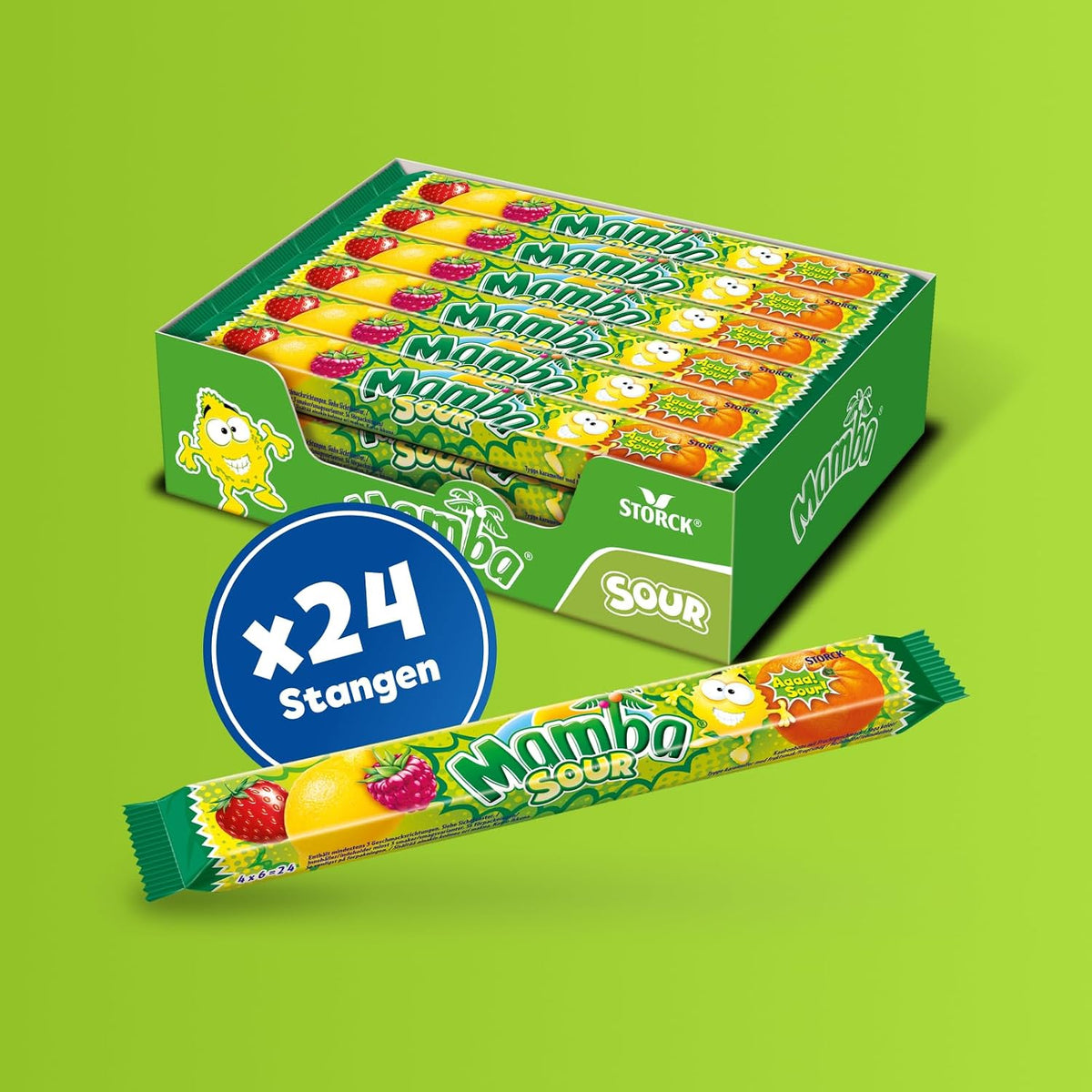 Mamba Sour, saure Kaubonbons mit Fruchtgeschmack - 24 x 106 g (4er Stange) 