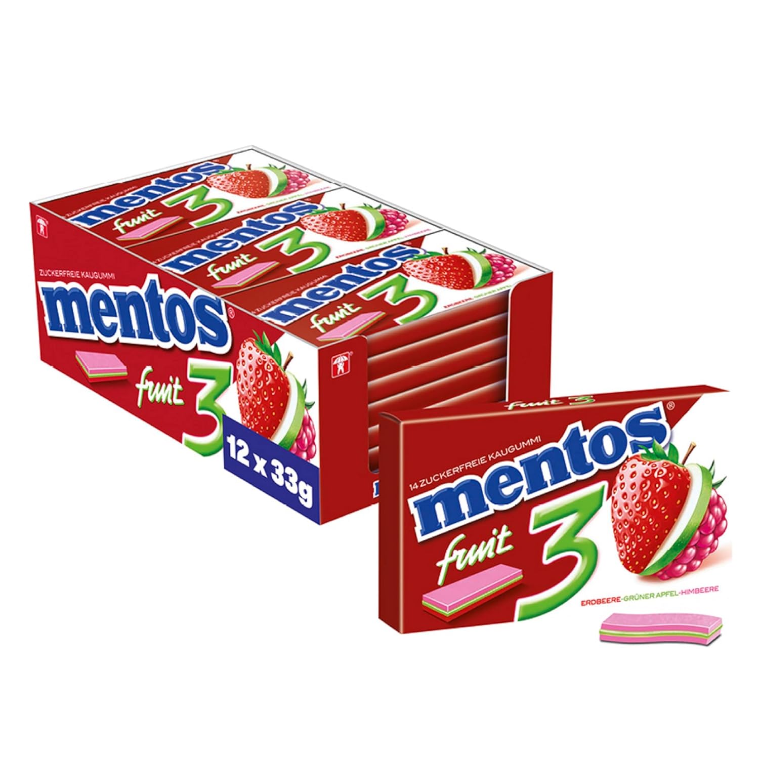 Mentos Kaugummi "fruit 3" Erdbeere-Apfel-Himbeere 12x33g