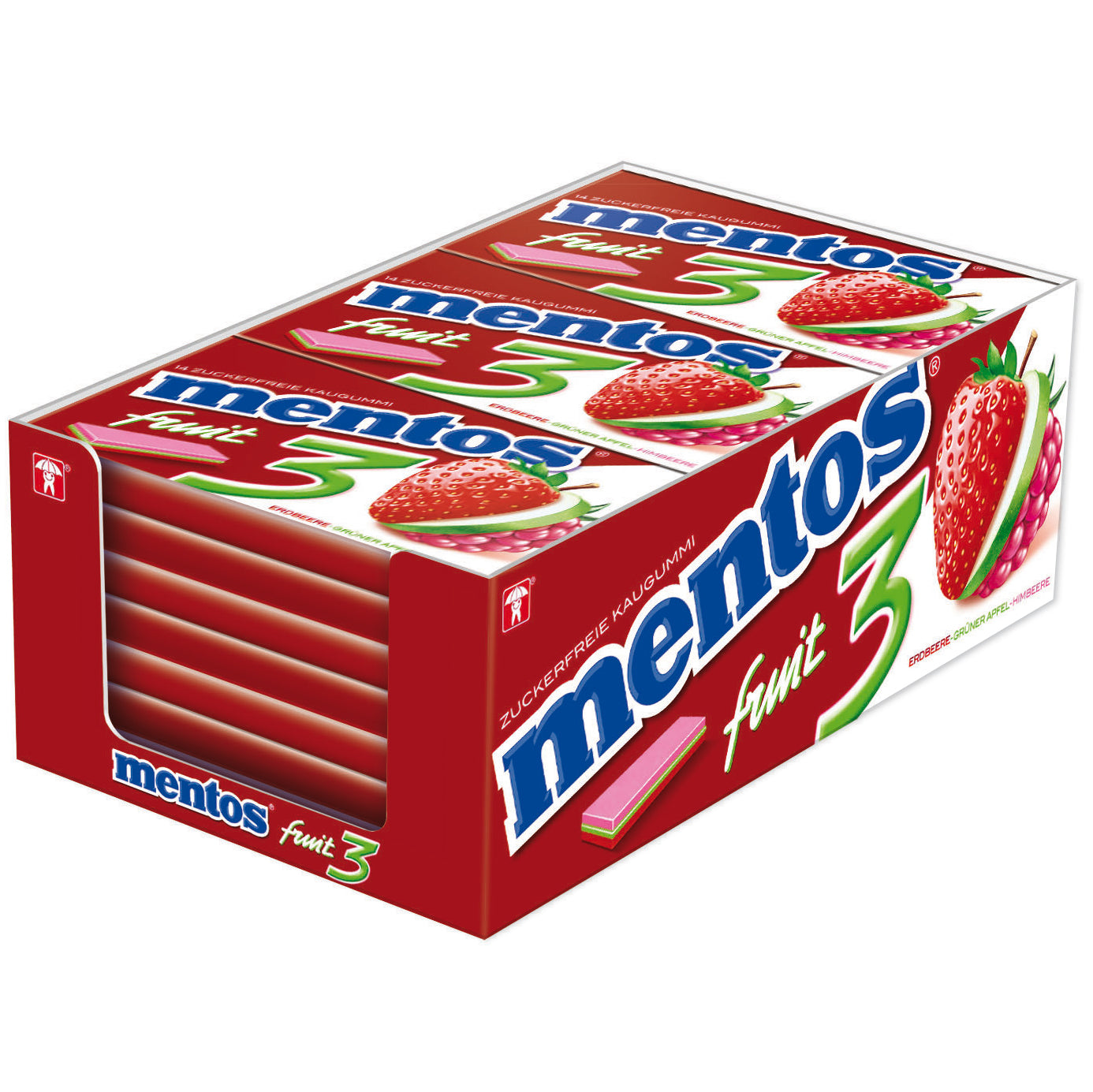 Mentos Fruit 3 Kaugummi Erdbeere-Grüner Apfel-Himbeere 12 x 33 g