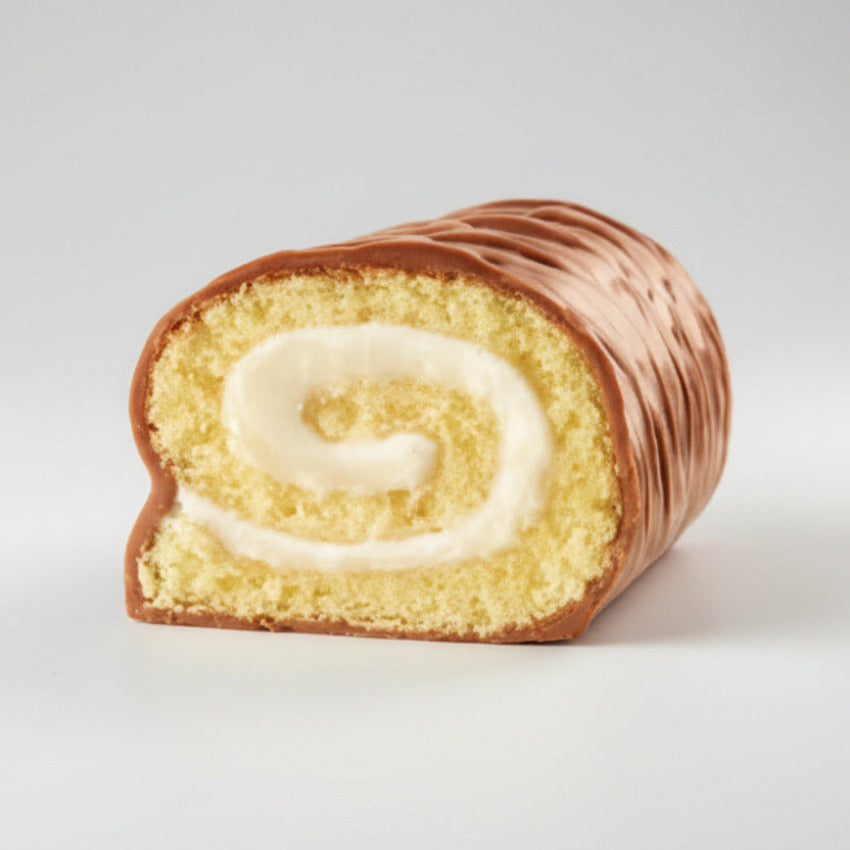 Milka Tender Milch - Biskuit-Rolle mit Milchcremefüllung, überzogen mit Schokolade.