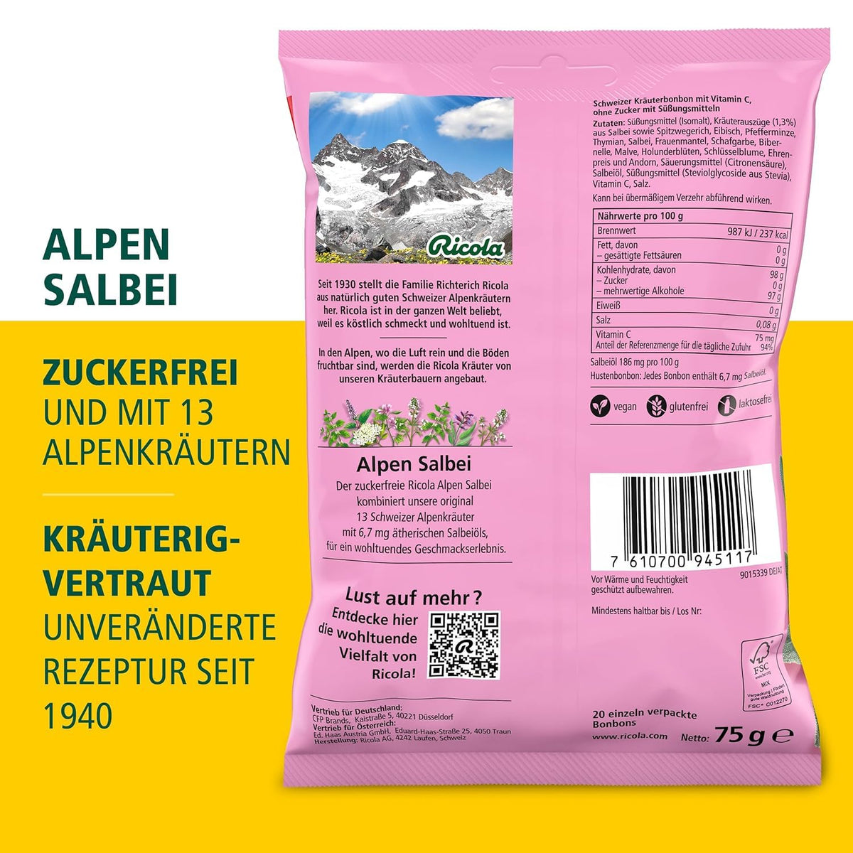 Ricola Alpen Salbei, 75g Beutel Original Schweizer Kräuter-Bonbons mit 13 Schweizer Alpenkräutern & würzigem Salbei, zuckerfrei, 1 x 75g, vegan