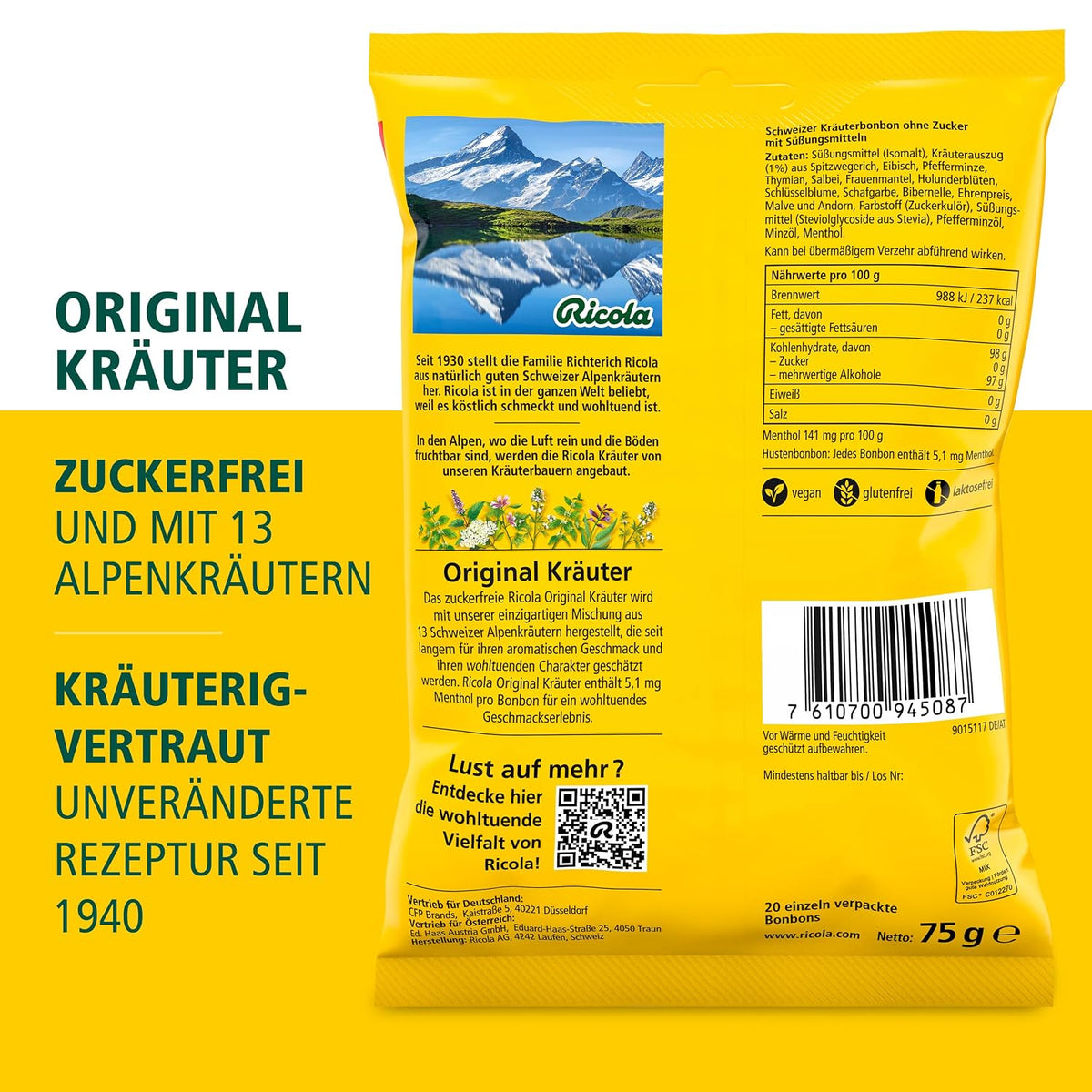 Ricola Original Kräuter, 75g Beutel Original Schweizer Kräuter-Bonbons mit 13 Schweizer Alpenkräutern, zuckerfrei, 1 x 75g, vegan 