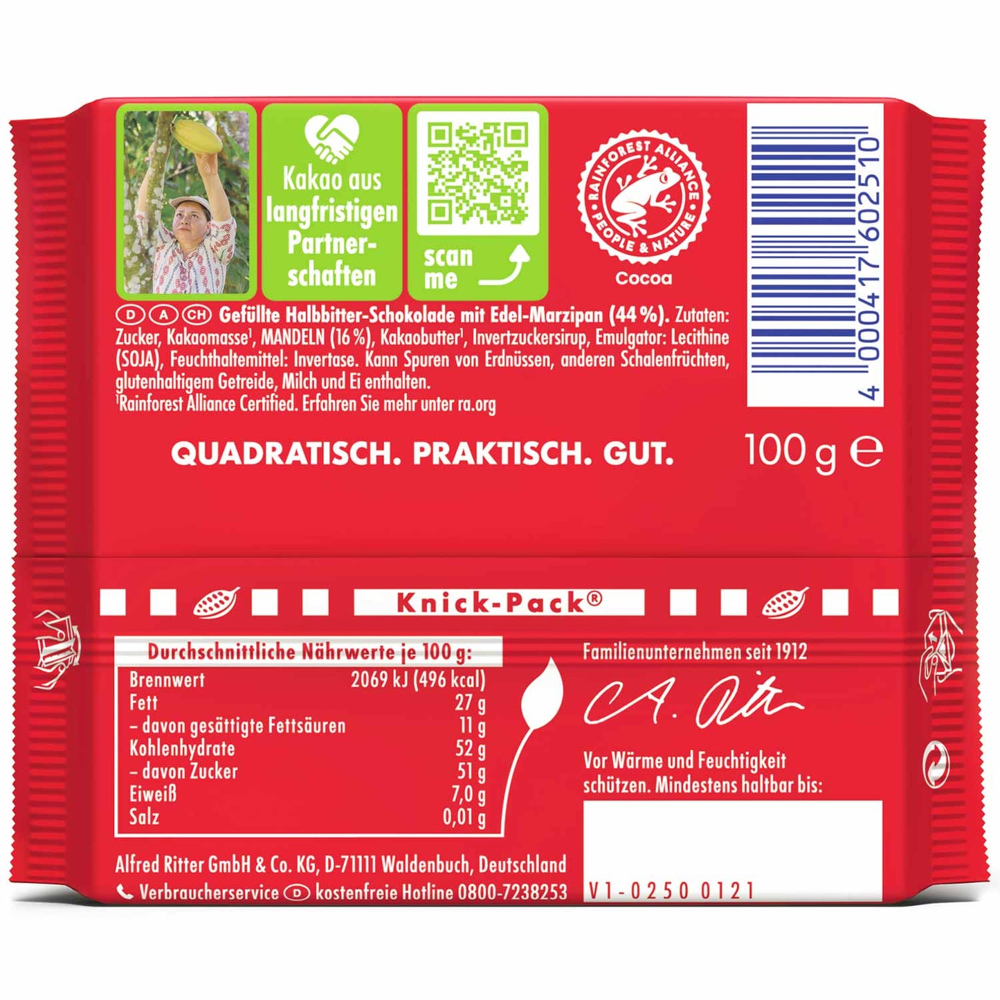 Ritter Sport Marzipan 100g MHD:20.06.2026