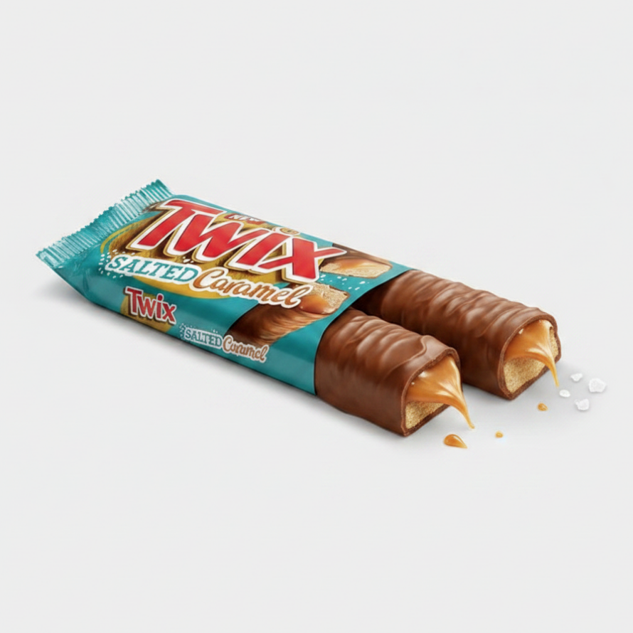 Twix Salted Caramel – knuspriger Keks, cremiges Karamell mit Salzkristallen und Vollmilchschokolade. 